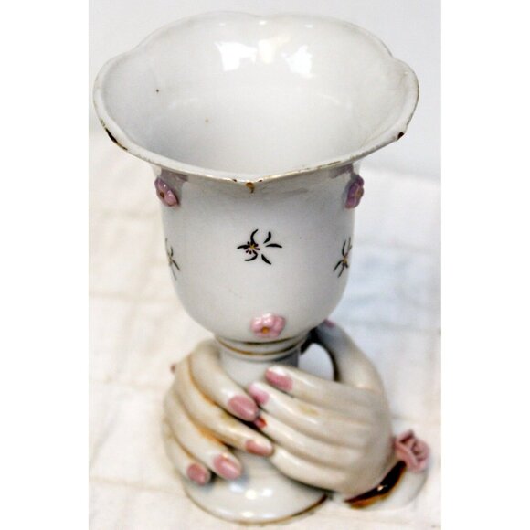 Vtg 50s Lefton China Bud Vase Womans Lady Hands Holding Cup Pink Rose 5" - Picture 4 of 11